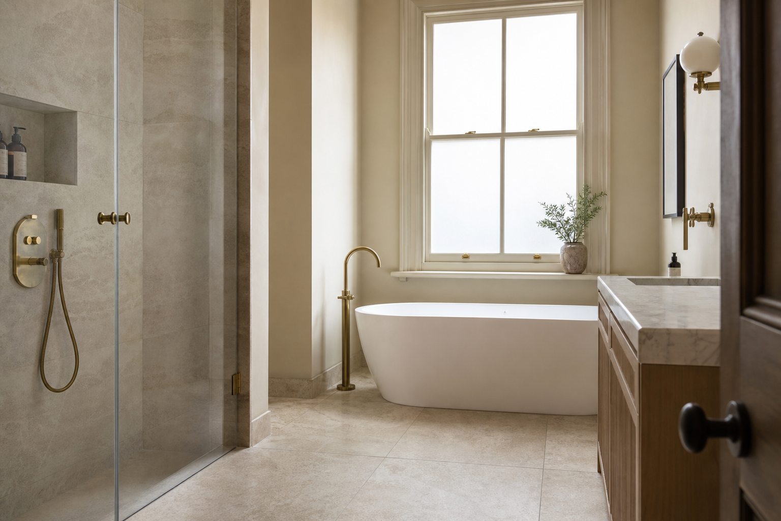 Renovated bathroom with freestanding bath and brass fixtures
